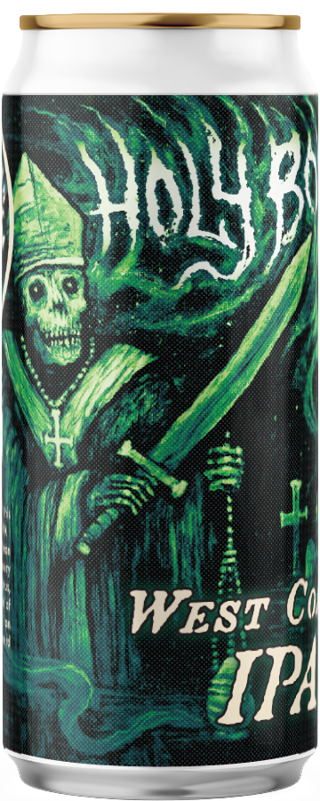 A 16 oz aluminum can of West Coast IPA beer featuring a dark green and black gothic illustration of a skeletal bishop holding a sword, with stylized white text reading 'HOLY BOY' and 'WEST COAST IPA'.