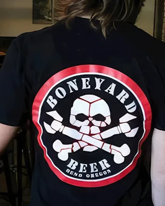 Wearing the Boneyard logo shirt at the pub.