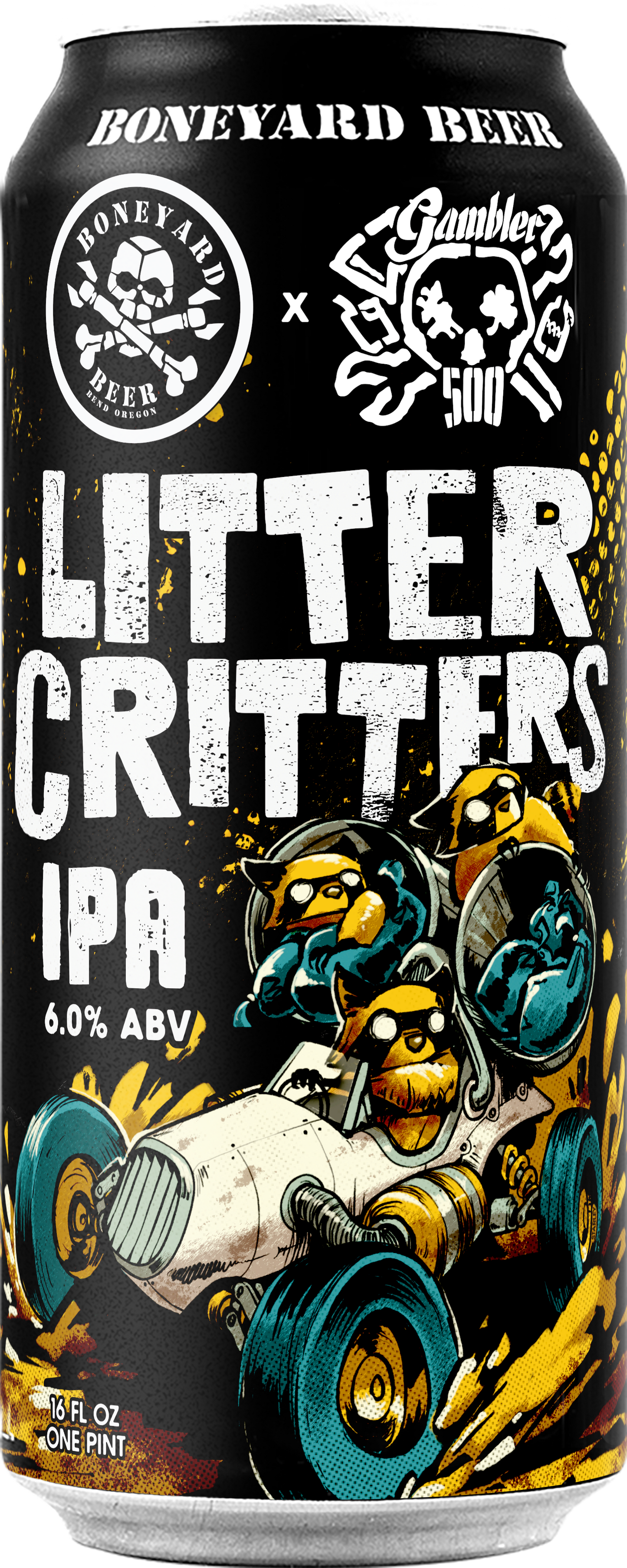 Boneyard Beer Litter Critters IPA can with cartoon raccoons and colorful design.