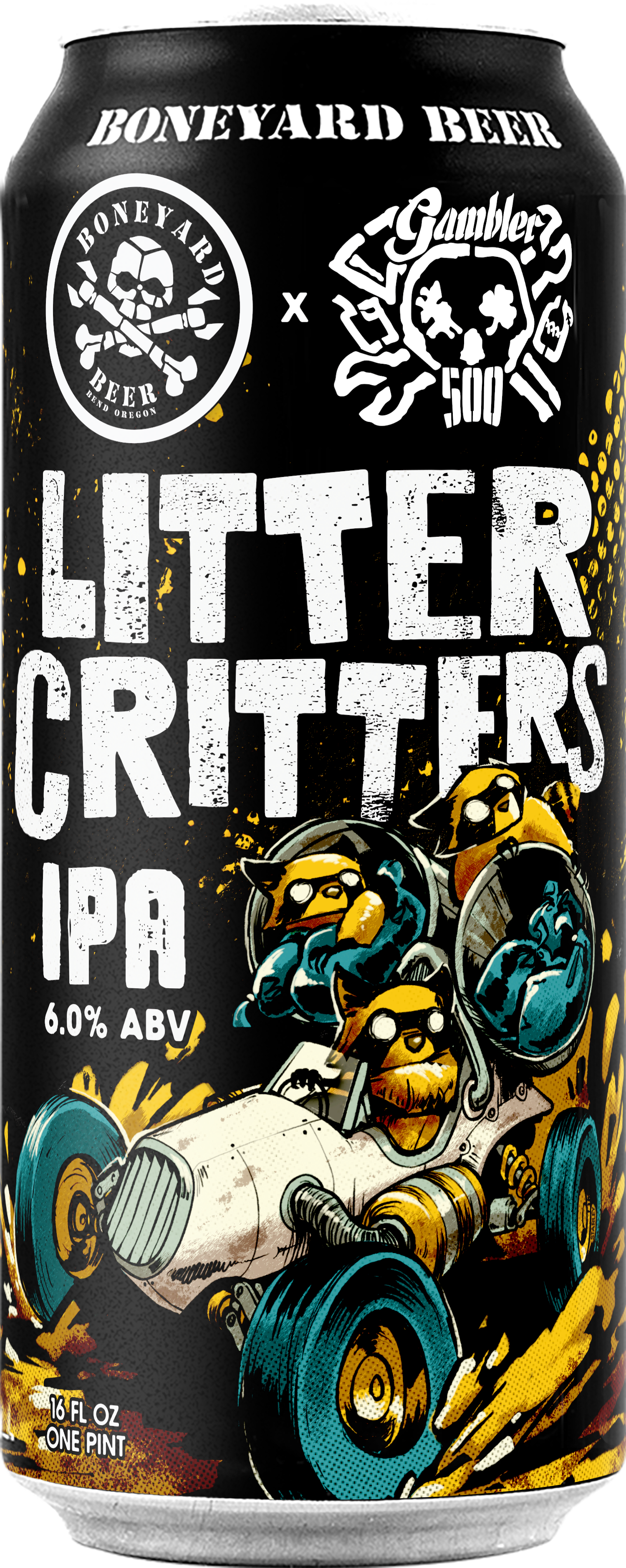 Boneyard Beer Litter Critters IPA can with cartoon raccoons and colorful design.