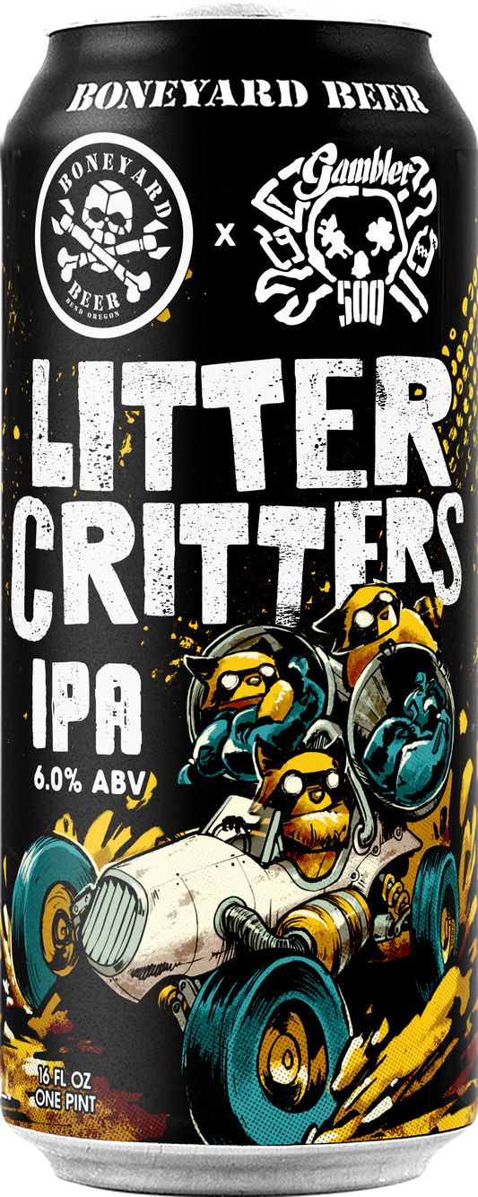 Boneyard Beer Litter Critters IPA can with cartoon raccoons and colorful design.