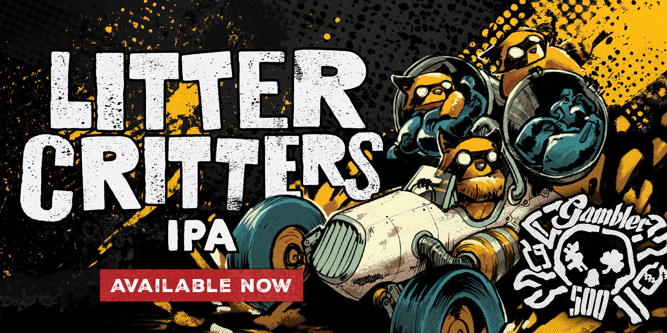 Promotional graphic for 'Litter Critters IPA' with cartoon characters and text on a dark background.