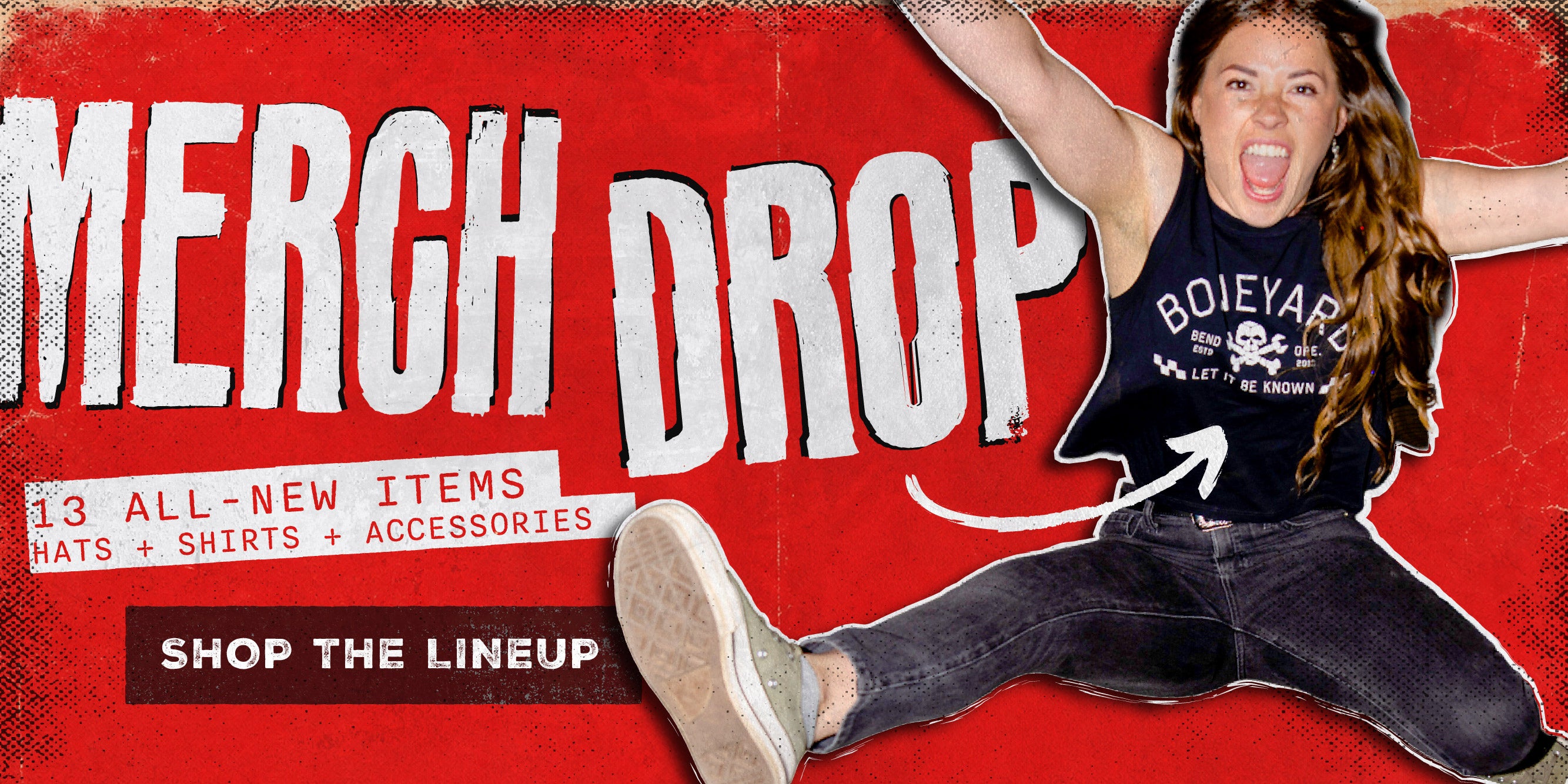Promotional graphic for a 'Merch Drop' with a person in a black tank top and jeans on a red background.