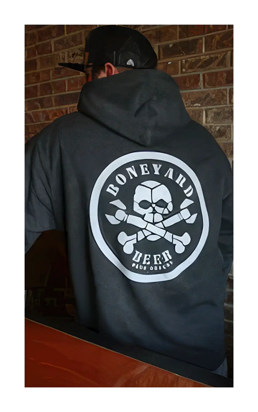 A photograph of the back of the Boneyard pullover hoodie.