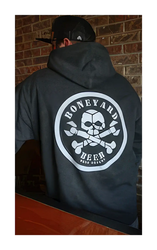 A photograph of the back of the Boneyard pullover hoodie.