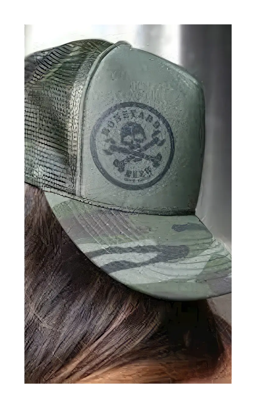 A photograph of the camo circle logo trucker hat.