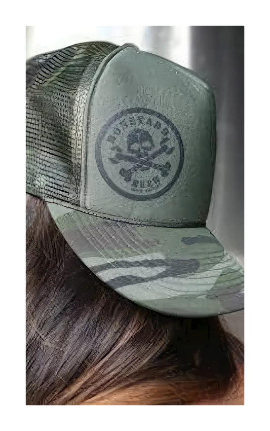 A photograph of the camo circle logo trucker hat.