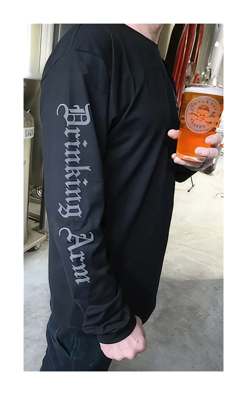 A photograph of the long sleeve shirt showing the Drinking Arm graphic down the right arm.