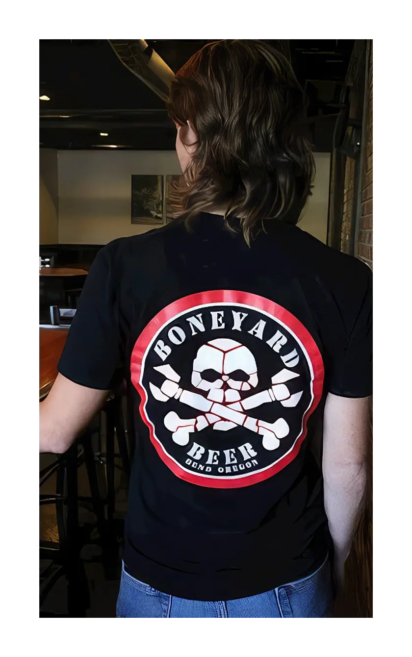 Wearing the Boneyard logo shirt at the pub.