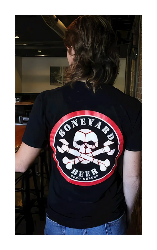 Wearing the Boneyard logo shirt at the pub.