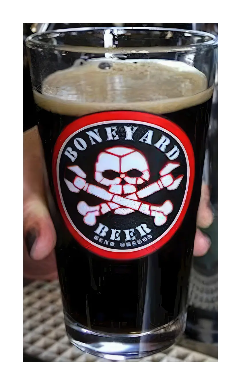 A photograph of the Boneyard Beer pint glass.