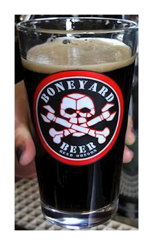 A photograph of the Boneyard Beer pint glass.