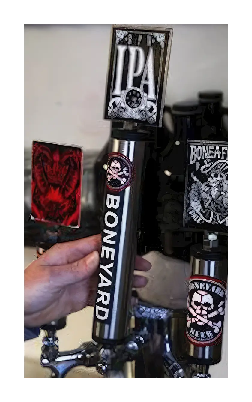 A photograph of the Boneyard tap handle.