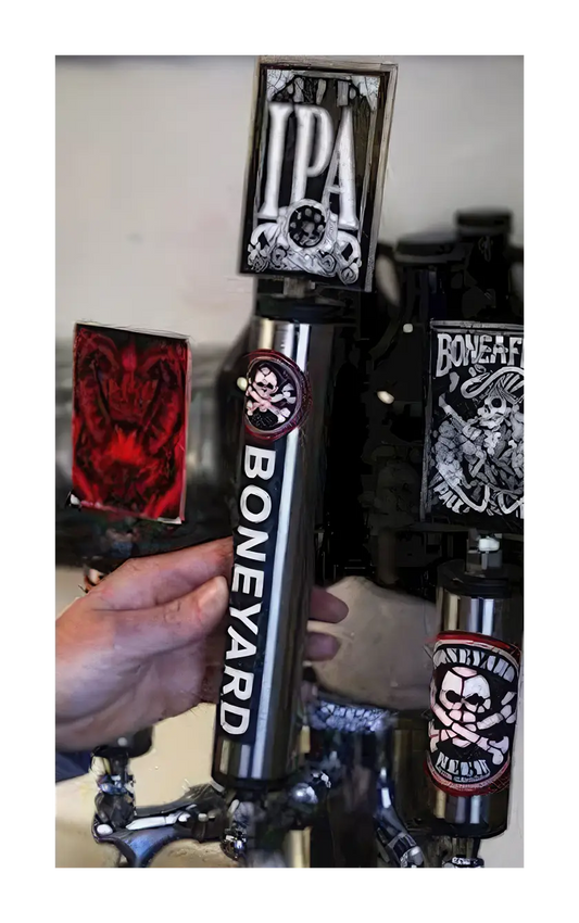 A photograph of the Boneyard tap handle.